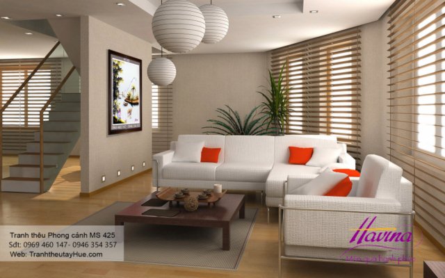 Tranh thêu phong cảnh làng quê treo phòng khách