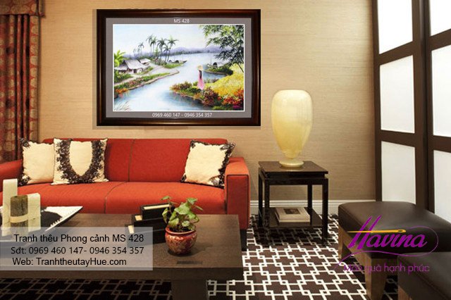 Tranh thêu phong cảnh làng quê treo phòng khách