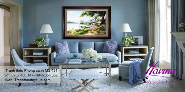 Tranh thêu phong cảnh làng quê treo phòng khách