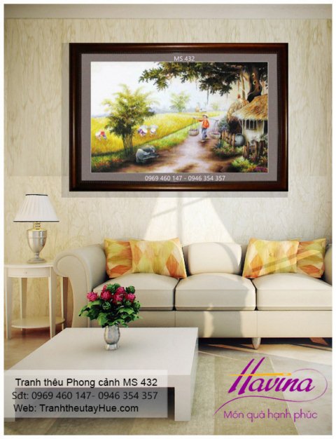 Tranh thêu phong cảnh làng quê treo phòng khách