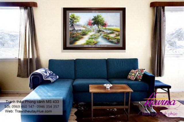 Tranh thêu phong cảnh làng quê treo phòng khách