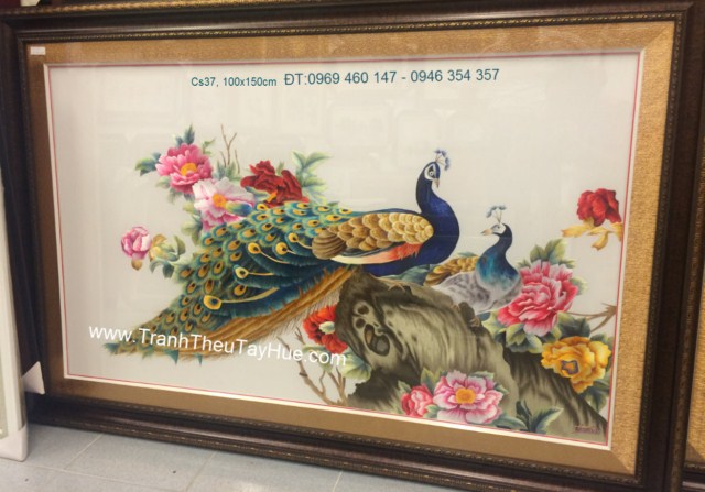 Tranh thêu chim công hoa mẫu đơn Tranh thêu chim công hoa mẫu đơn