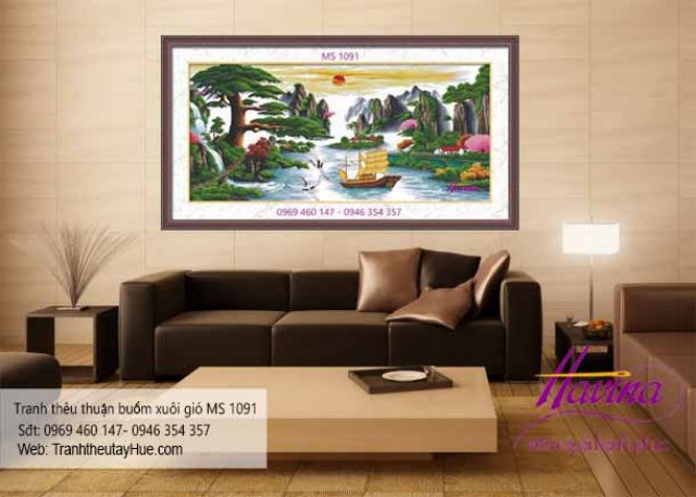 Tranh thêu thuận buồm xuôi gió treo phòng khách