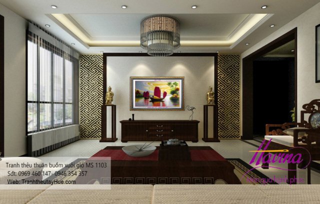 Tranh thêu thuận buồm xuôi gió treo phòng khách