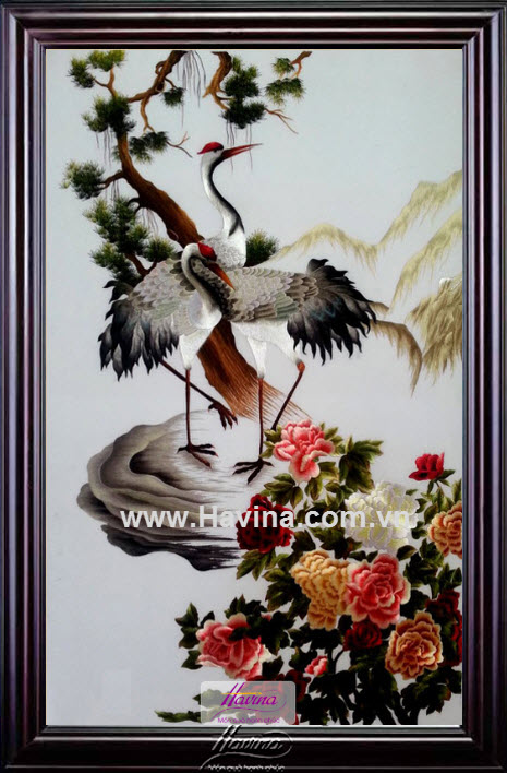 tranh thêu tùng hạc mẫu đơn
