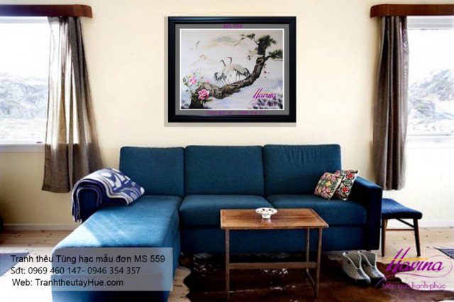 tranh thêu tùng hạc mẫu đơn treo phòng khách