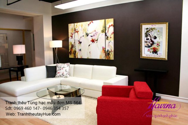 tranh thêu tùng hạc mẫu đơn treo phòng khách