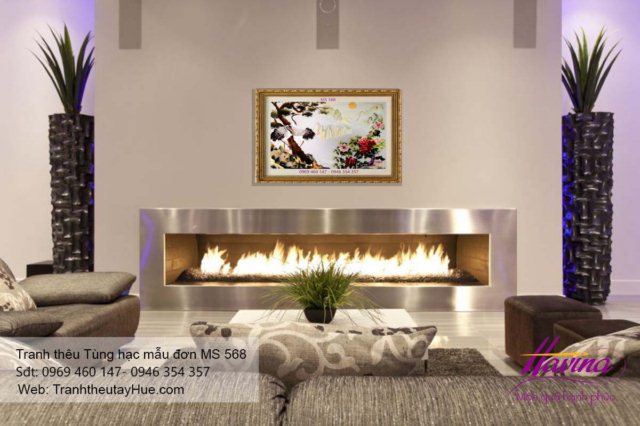 tranh thêu tùng hạc mẫu đơn treo phòng khách