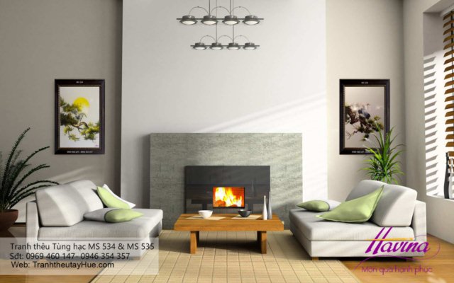 Tranh thêu tùng hạc diên niên treo phòng khách