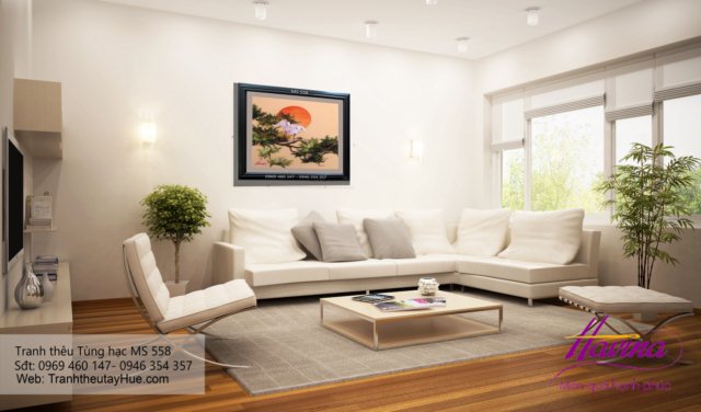 Tranh thêu tùng hạc diên niên treo phòng khách