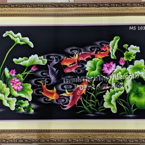 Tranh thêu cá chép hoa sen MS 10364