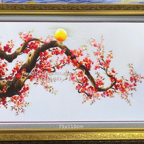 Tranh thêu hoa đào hồng