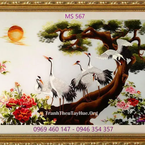 Tranh thêu tùng hạc hoa mẫu đơn MS 567