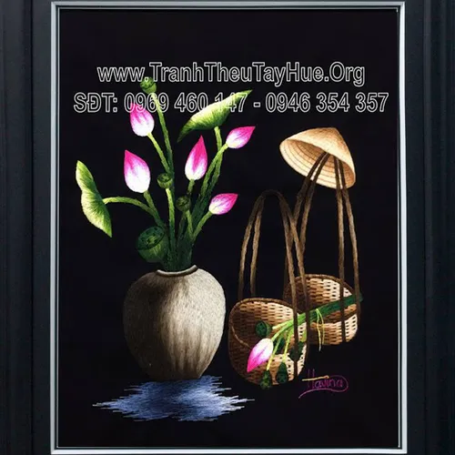 Hoàn thiện tác phẩm tranh thêu nón lá giỏ hoa sen ms 2340 theo yêu cầu của anh Cường