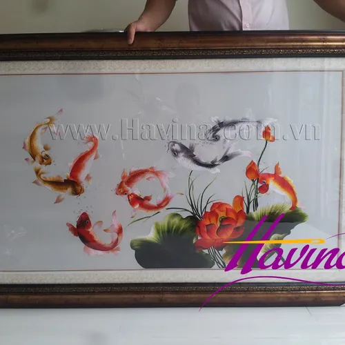 Hoàn thiện tranh thêu cá chép hoa sen MS 04 cho anh Hùng ở Hà Nội