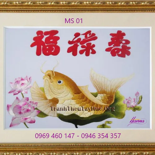 Tranh thêu cá chép hoa sen MS 01