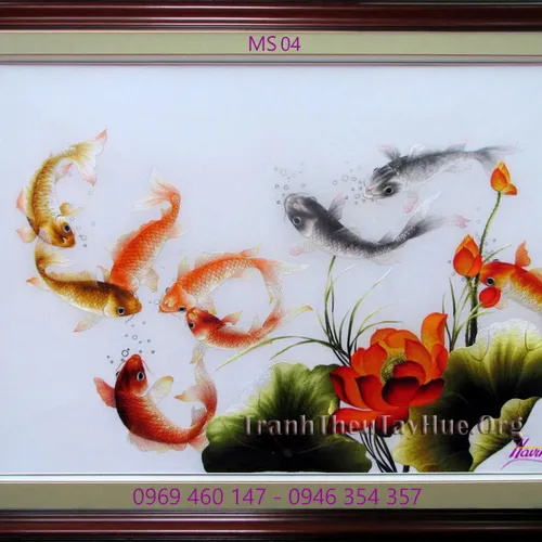 Tranh thêu cá chép hoa sen MS 04