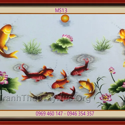 TRANH THÊU CÁ CHÉP HOA SEN MS 13