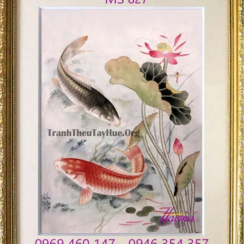 Tranh thêu cá chép hoa sen MS 827