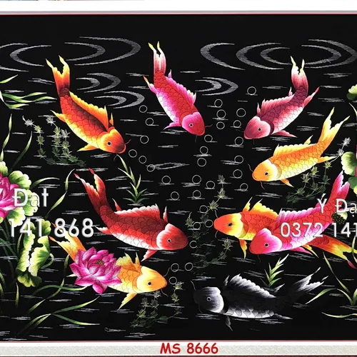 Tranh thêu cá chép hoa sen MS 8666