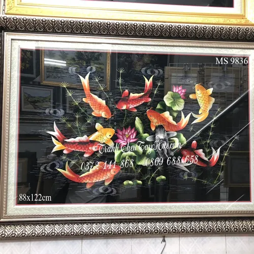 Tranh thêu cá chép hoa sen MS 9836