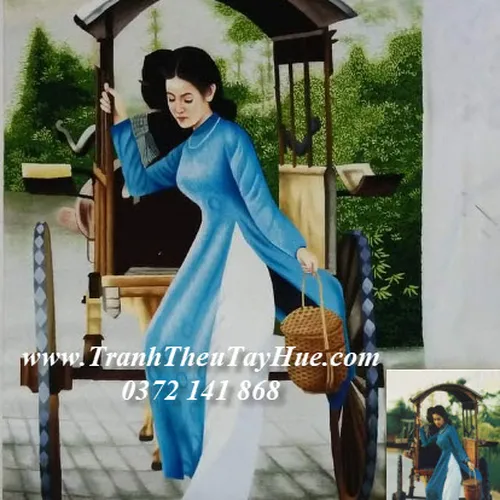 Tranh thêu chân dung cô gái đi xe ngựa