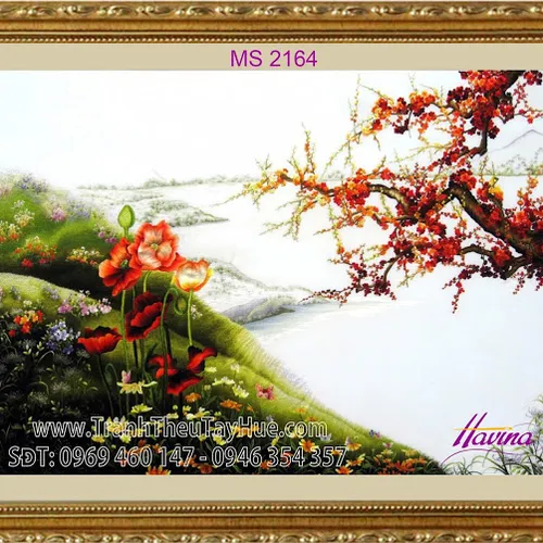Tranh thêu hoa đào đỏ ms 2164