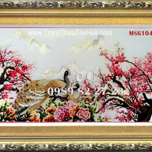 Tranh thêu hoa đào đôi chim công ms 6104