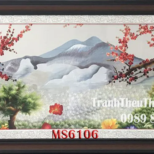 Tranh thêu hoa đào khổ lớn treo phòng khách ms 6106