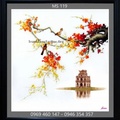Tranh thêu hoa đào MS 119