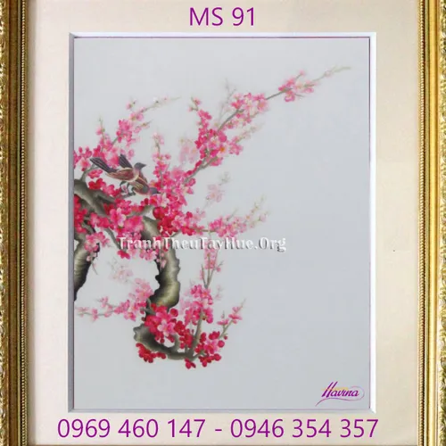 Tranh thêu hoa đào MS 91
