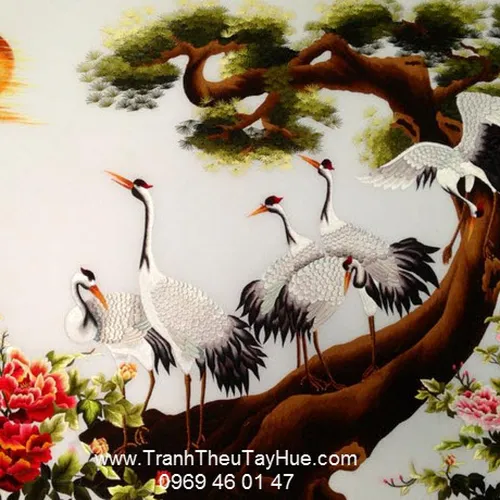 Tranh thêu hoa mẫu đơn tùng hạc THMD01
