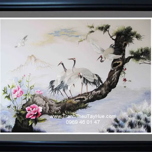 Tranh thêu hoa mẫu đơn tùng hạc THMD03
