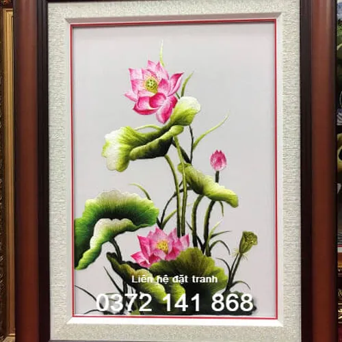 Tranh thêu hoa sen ms 8481 - Thêu tay cao cấp Huế