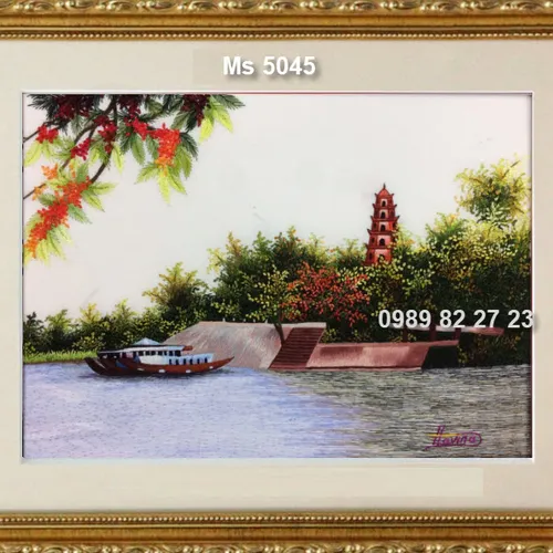 Tranh thêu tay Huế Ms 5045 -  Linh Mụ bên dòng Hương
