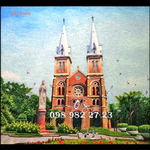 Tranh thêu tay tphcm MS 8180 -  Tranh thêu nhà thờ Đức Bà