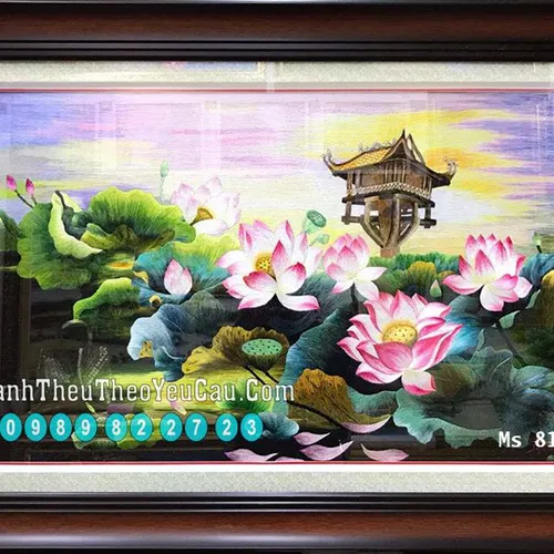Tranh thêu tay tphcm MS 8182 -  Tranh thêu hoa sen chùa một cột