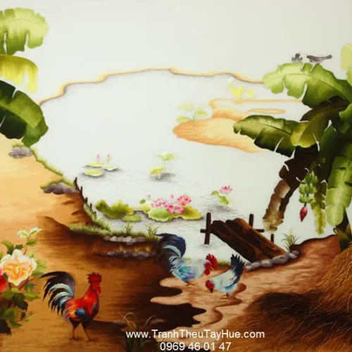 Tranh thêu tay truyền thống đàn gà HTTDG10