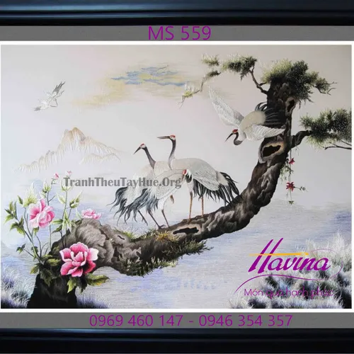 Tranh thêu tùng hạc hoa mẫu đơn MS 559