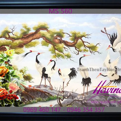 Tranh thêu tùng hạc hoa mẫu đơn MS 560