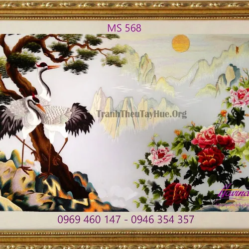 Tranh thêu tùng hạc hoa mẫu đơn MS 568