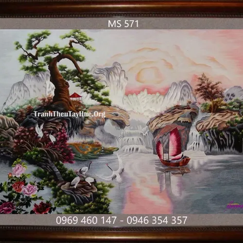 Tranh thêu tùng hạc hoa mẫu đơn MS 571