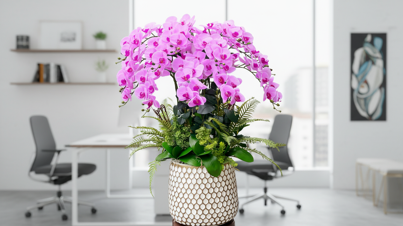 Chậu lan hồ điệp giả cao cấp hồng tím sang trọng, đặt bàn là nổi bật ngay.