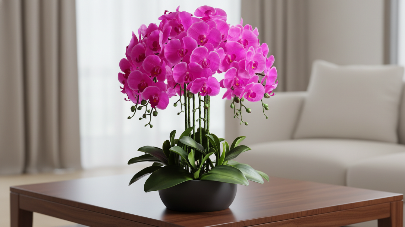 Chậu hoa lan đẹp là điểm nhấn ấn tượng cho không gian sống hiện đại. 📸 Cận cảnh chất liệu hoa lan cao su thân đốm mềm mại, tự nhiên y như thật.