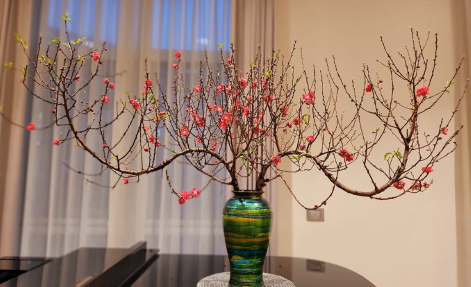 Một bình trưng cành đào trong phòng khách cũng tạo lên không gian sang trọng, tinh tế Một bình trưng cành đào trong phòng khách cũng tạo lên không gian sang trọng, tinh tế