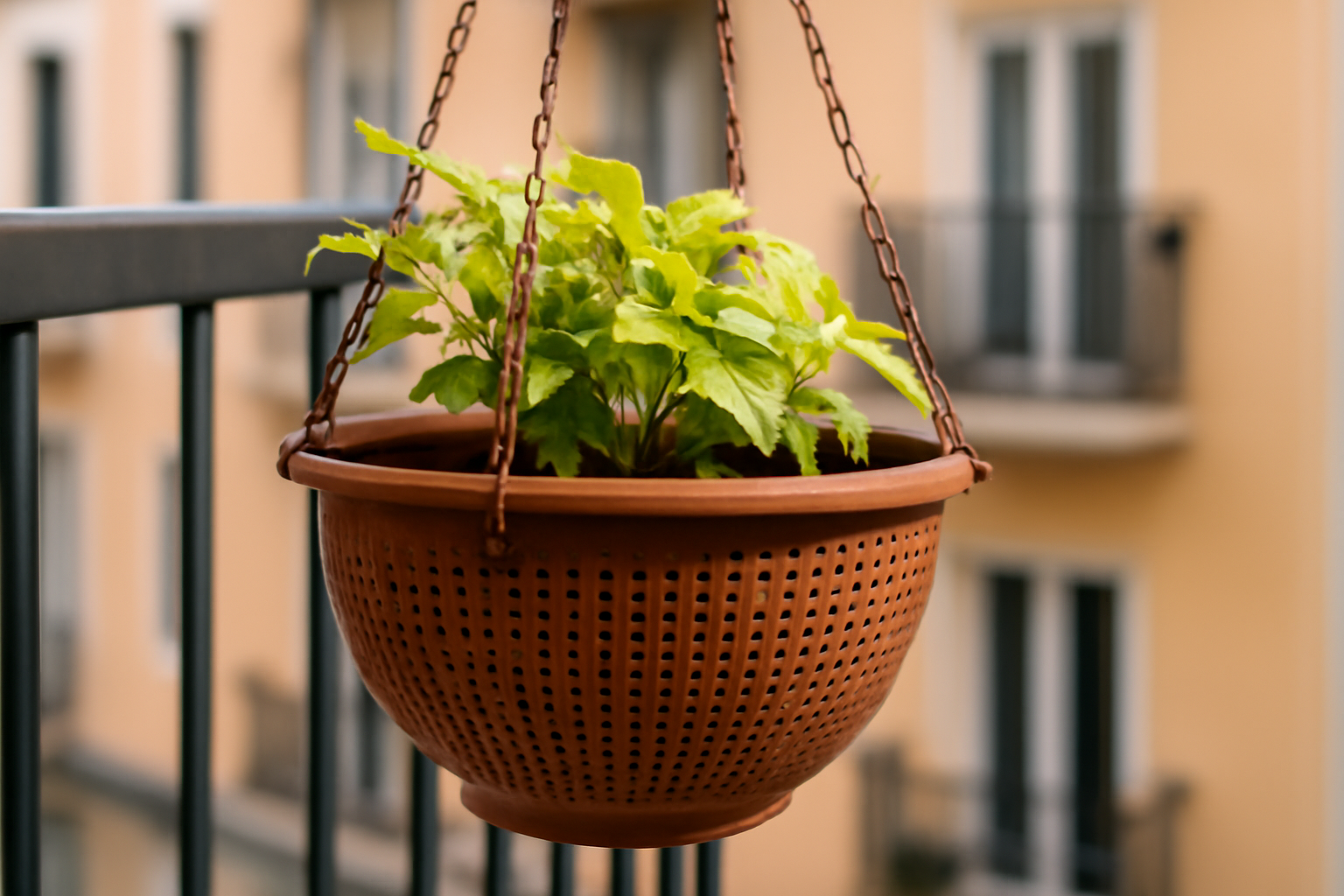 Chậu trồng cây treo ban công độc đáo từ chiếc rổ cũ Chậu trồng cây treo ban công độc đáo từ chiếc rổ cũ