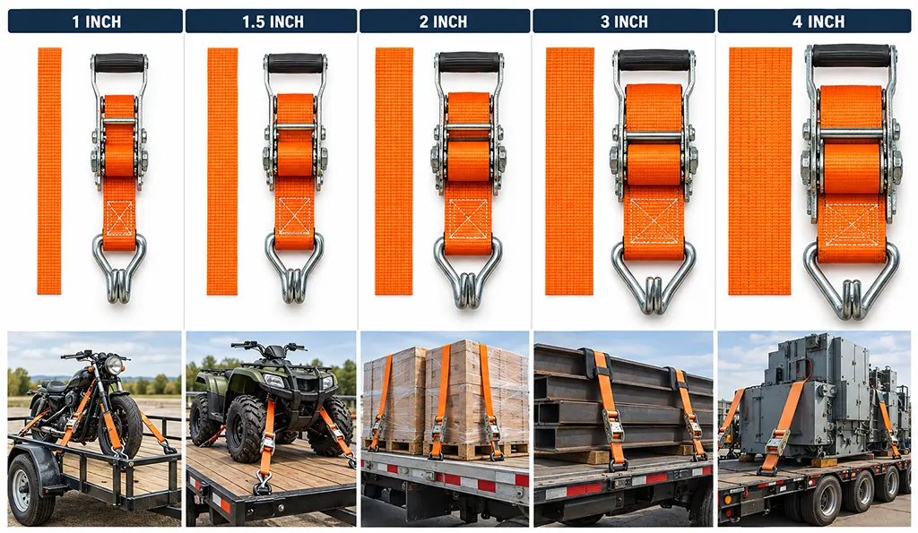- Ratchet strap sizes from 1 to 4 inches