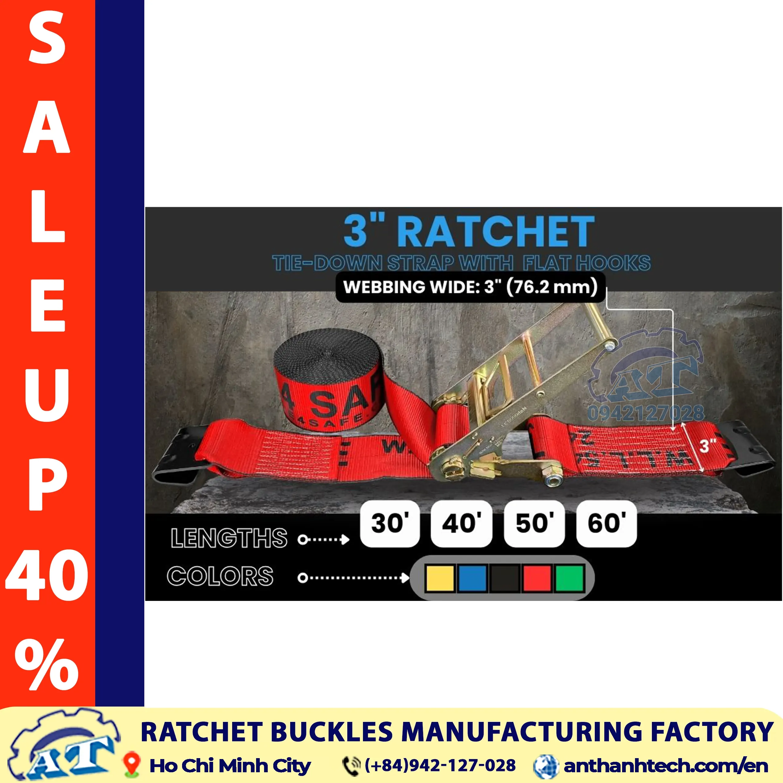 3" x 30' Heavy Duty Ratchet Tie Down Strap w/Flat Hook WLL