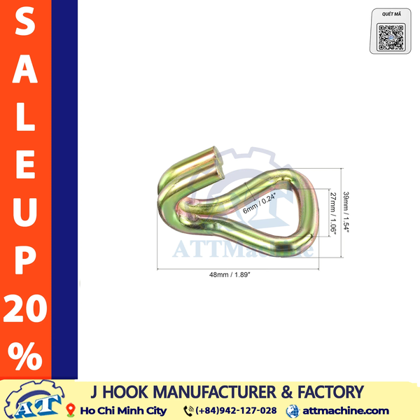 1 Inch J Hook | 25mm Cargo Tie-Down Hook