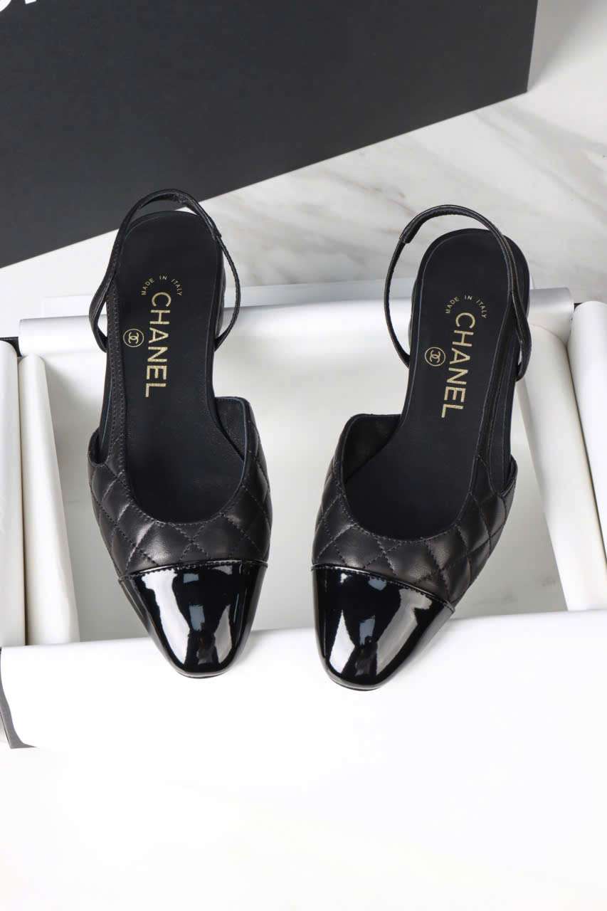 Giày Chanel Slingback Cao Gót Đen Bóng Da Thật VIP Giày Chanel Slingback Cao Gót Đen Bóng Da Thật VIP